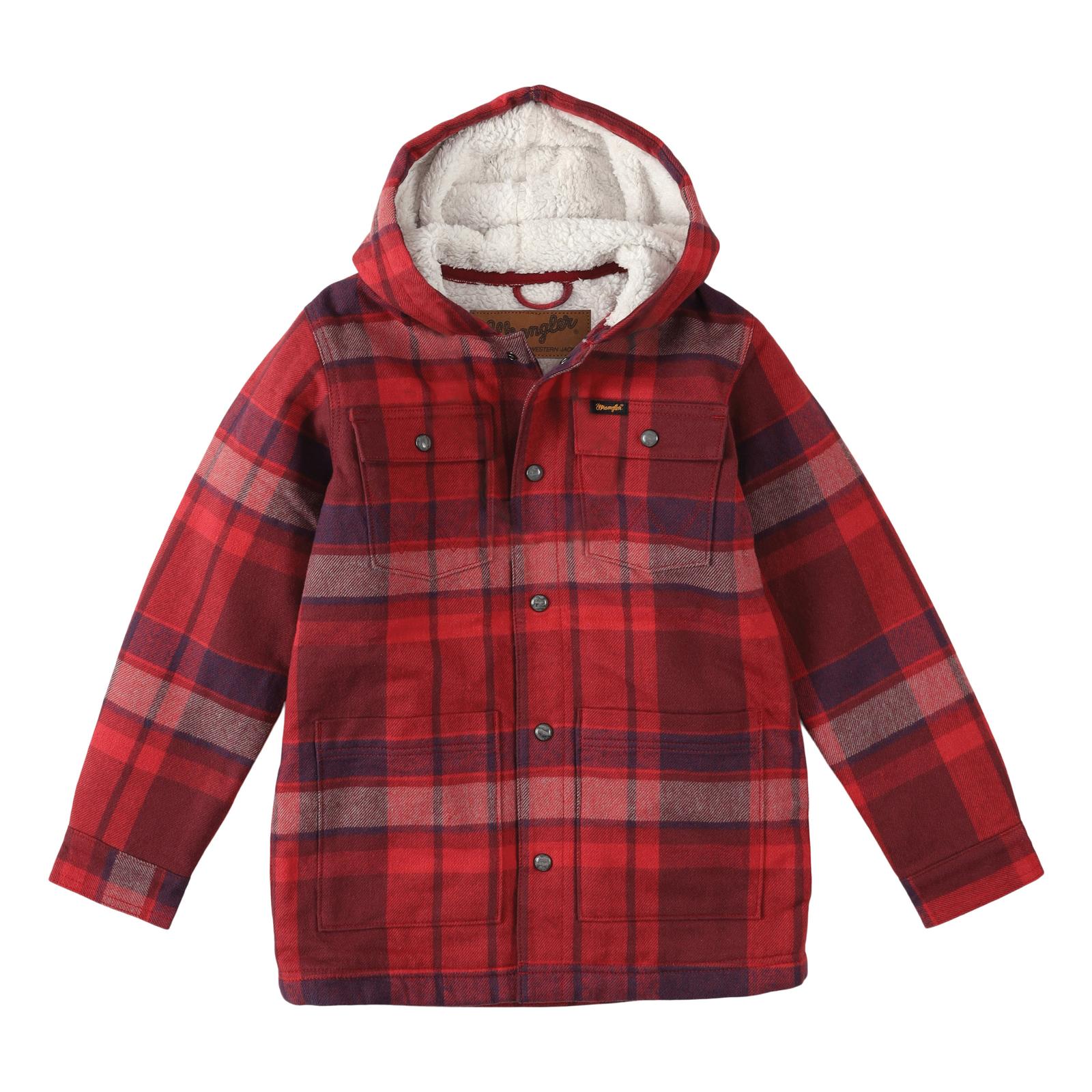 Wrangler Boy's Sherpa Lined Flannel Hooded Shirt Jacket STYLE 112335636