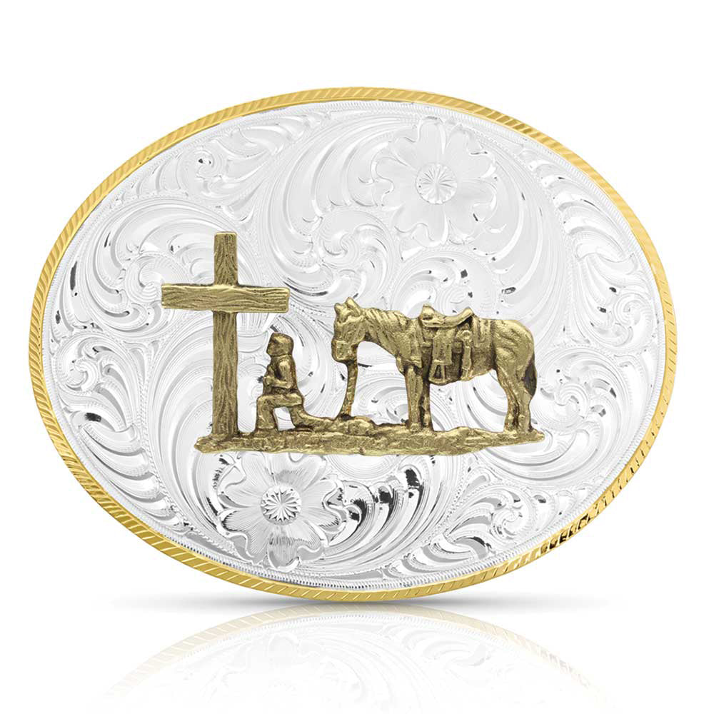 Montana Silversmiths Petite Two Tone Engraved Buckle with Christian Cowboy STYLE 5007-731M