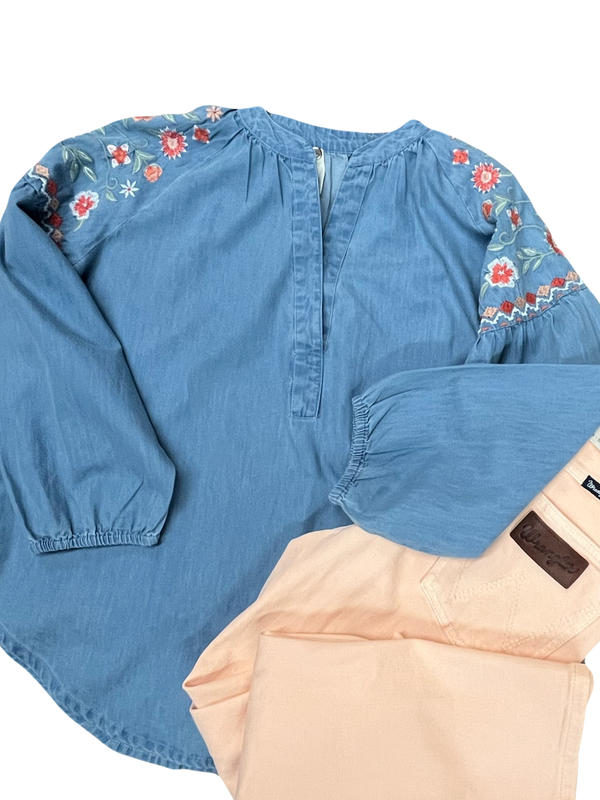 ローパー Roper Cotton Crepe Embroidery Peasant Blouse レディース シャツ トップス Blue WOMENS LONG SLEEVE SOLID TEAL POLY PEASANT BLOUSE – Roper