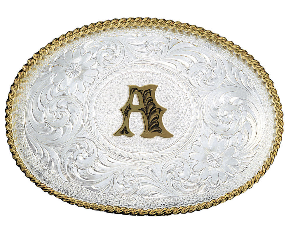 Montana Silversmiths Initial Silver Engraved Gold Trim Western Belt Buckle STYLE 700