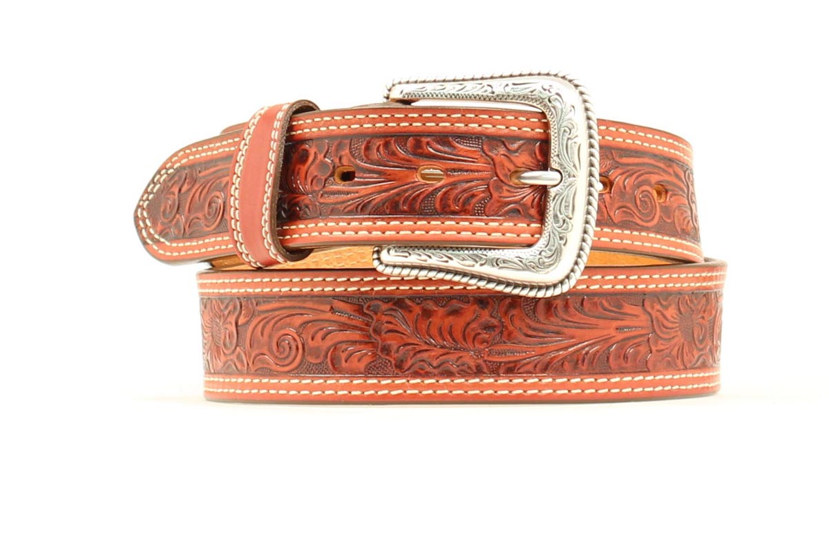 Nocona Men's Leather Belt With Mexican Floral Embossing - Tan Western Belt, Interchangeable Buckle - View #10